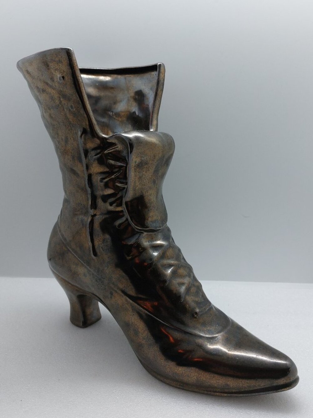 Vintage 9" Victorian Ladies Lace Up Boot Vase Planter Bronze Deco